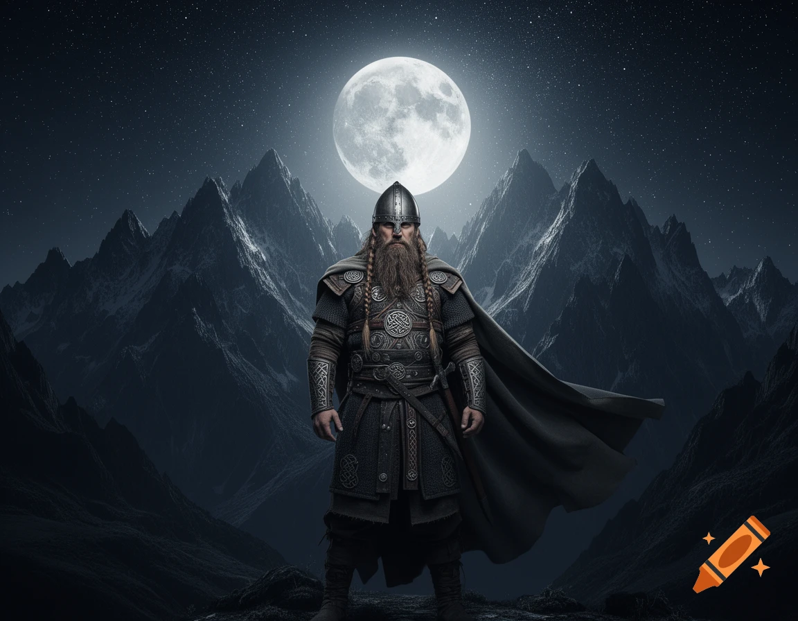 A bearded Viking warrior in armor and cape stands before jagged mountains under a full moon and starry night sky.