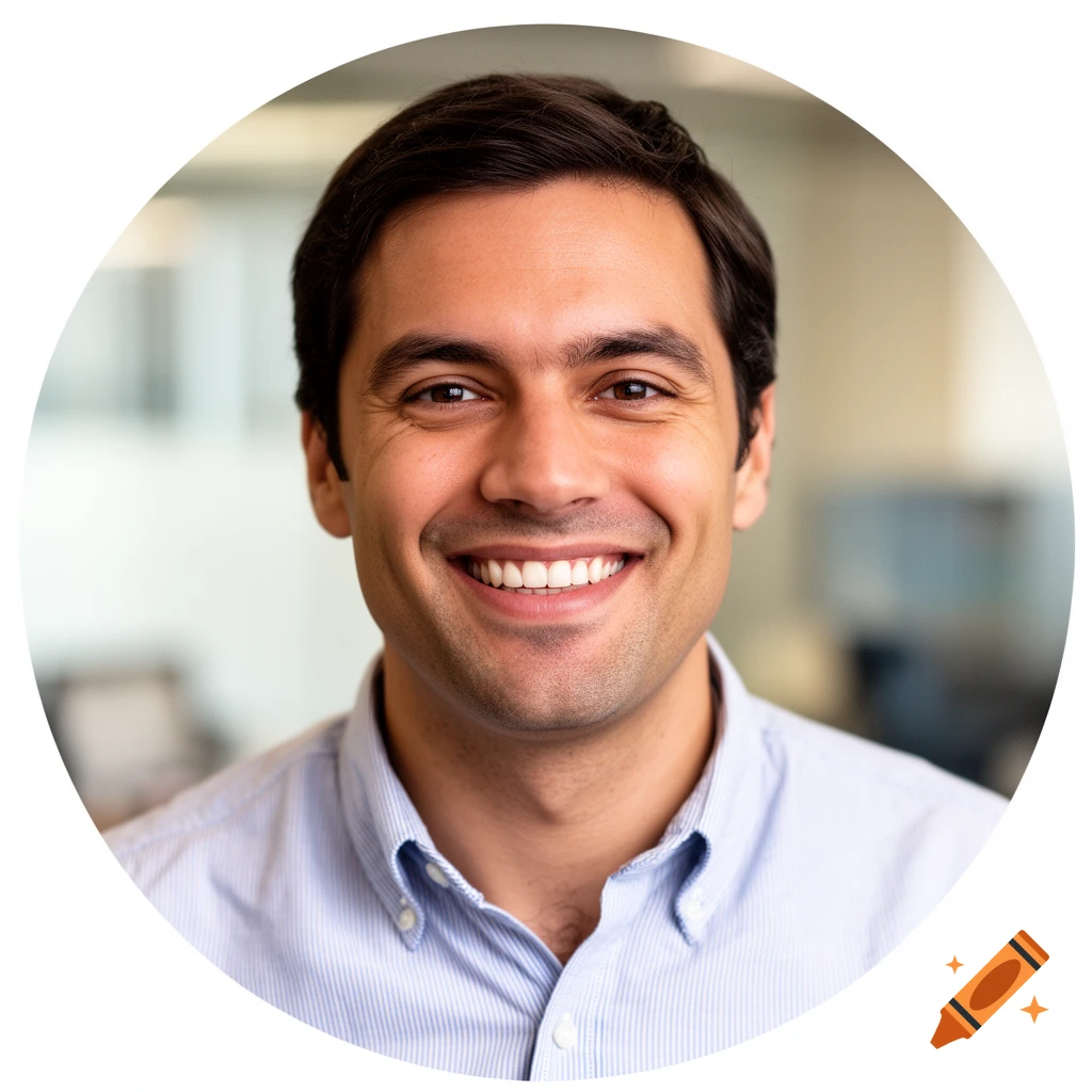 A smiling man, presumably a consultant, in a casual button-up shirt, shown in a circular headshot. Photorealistic style.