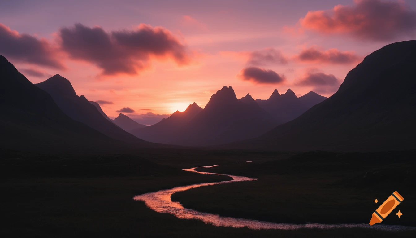 A winding river reflects the vibrant orange and purple sky of a sunset over dark mountain silhouettes.