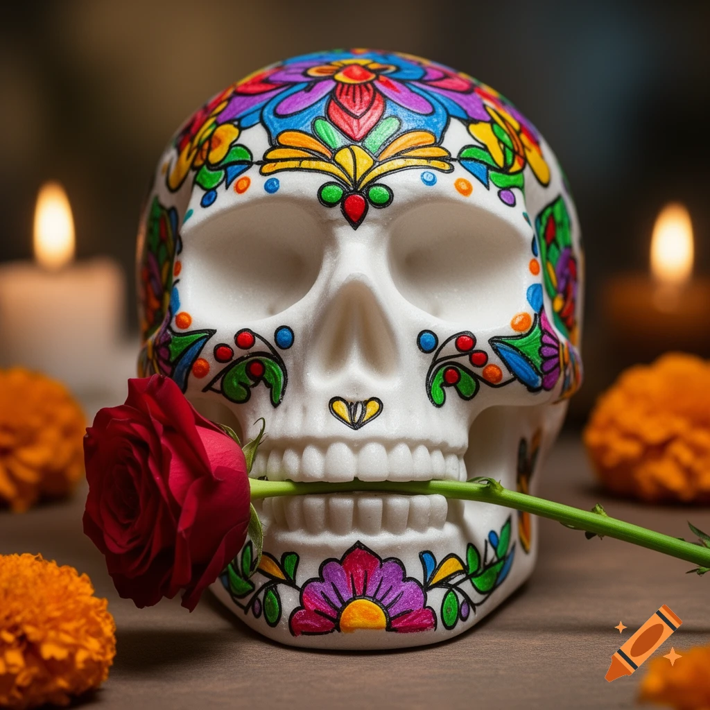 A traditional Mexican sugar skull, decorated with colorful floral patterns, holds a red rose in its teeth with blurred candles and orange marigolds in the background.