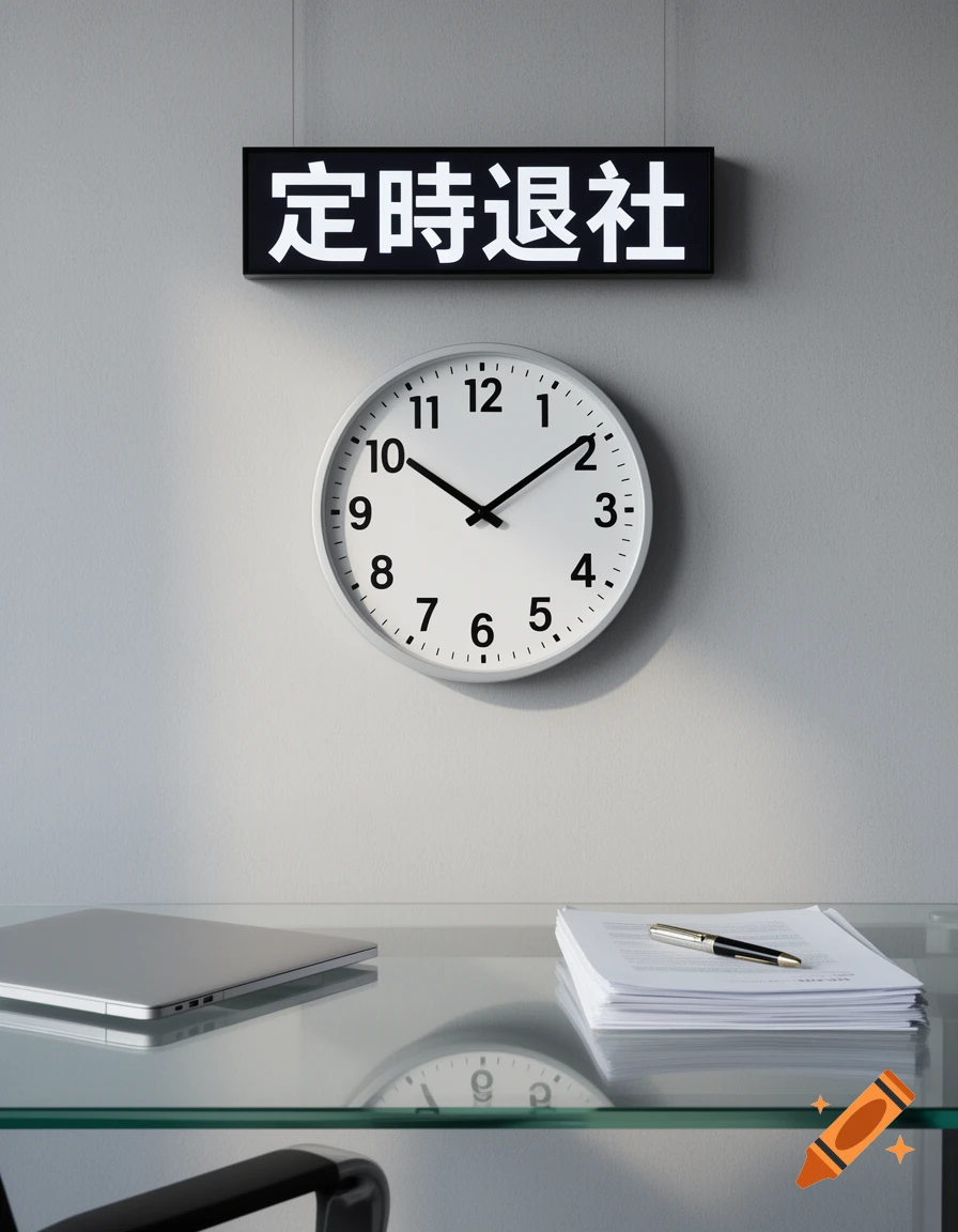 A minimalist office scene with a wall clock, a sign with Japanese text '定時退社', and a glass desk with a laptop.