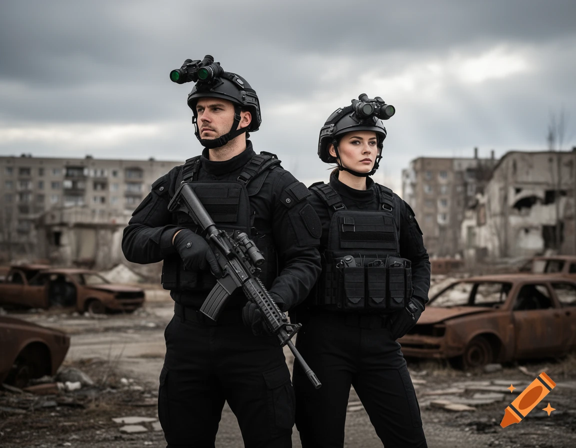 Two tactical operators in black gear with night vision goggles and a rifle stand in a desolate, ruined cityscape with abandoned cars.