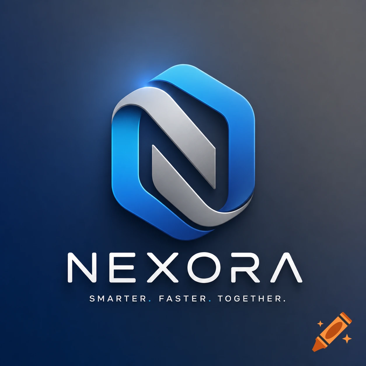 3D abstract logo with intertwined blue and silver "N" shape, with "NEXORA" and tagline below.