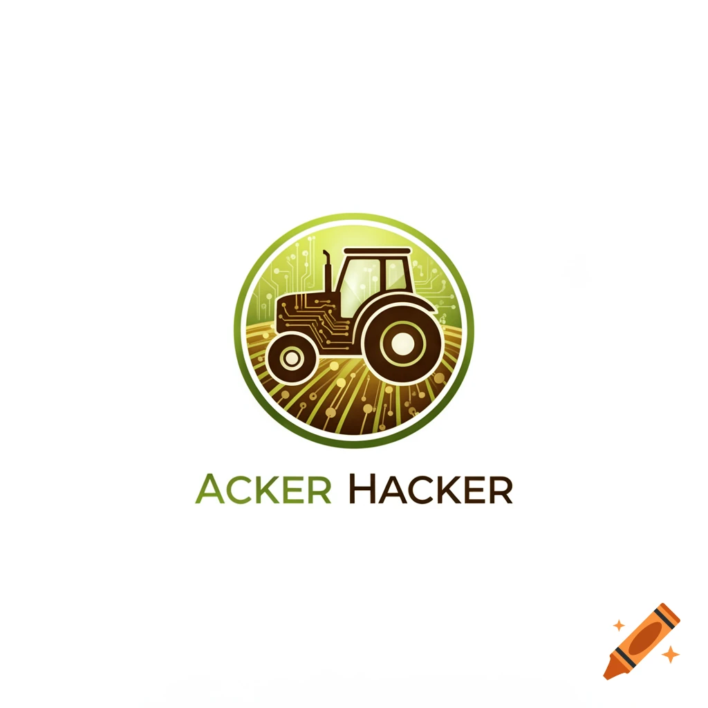 A logo featuring a brown tractor with circuit board patterns inside a green circle, above the text 'ACKER HACKER'.