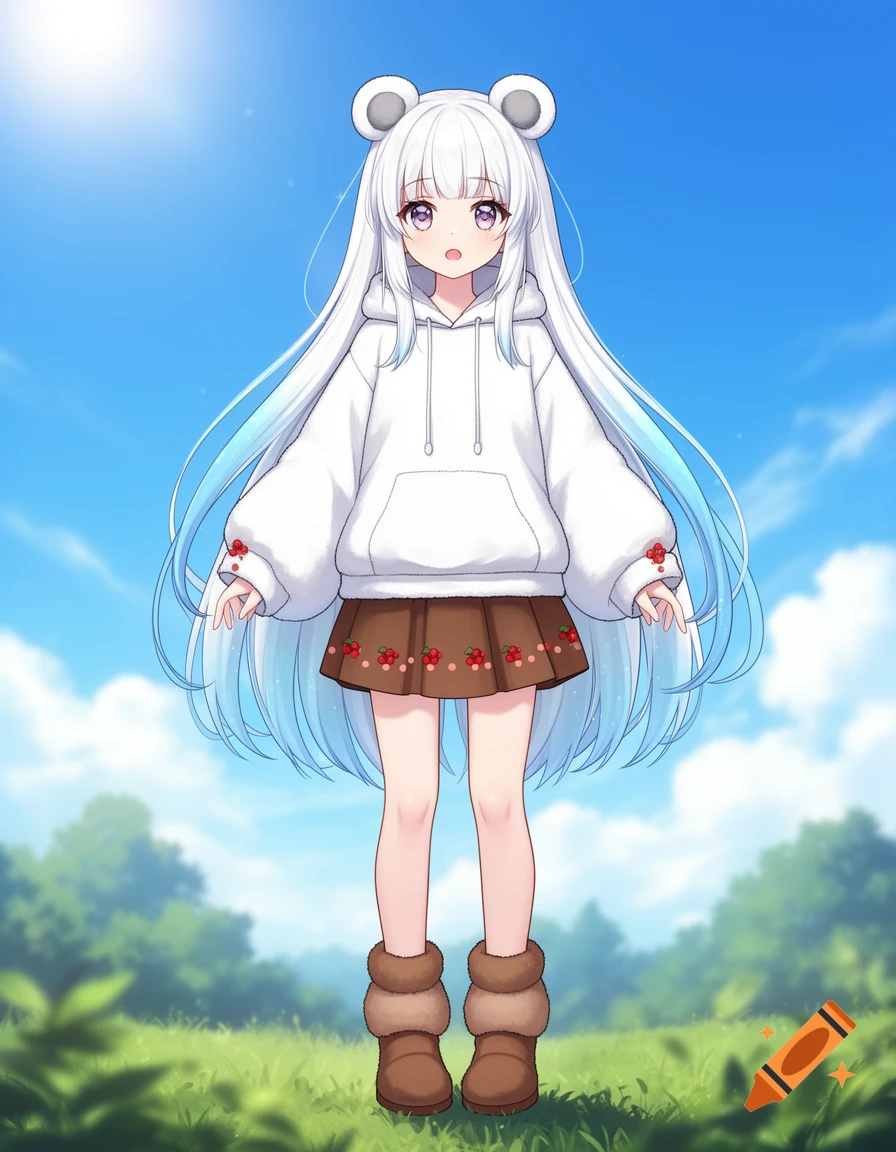 Full-body anime illustration of a cute girl with long white hair, ermine ears, white oversized hoodie, brown berry-patterned skirt, and fluffy brown boots, standing in a sunny field.