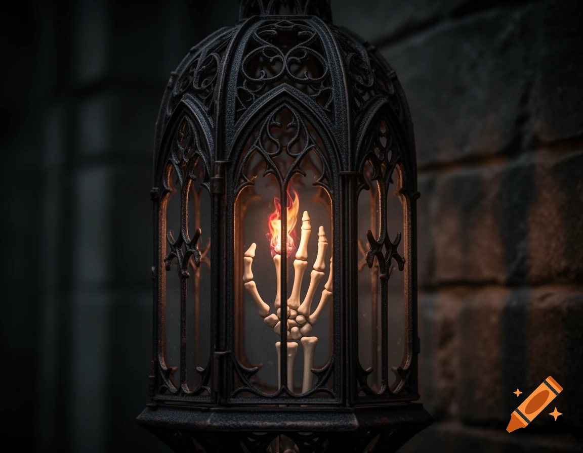A skeletal hand grasping a flame inside a decorative Gothic lantern, against a dark brick wall in a photorealistic style.