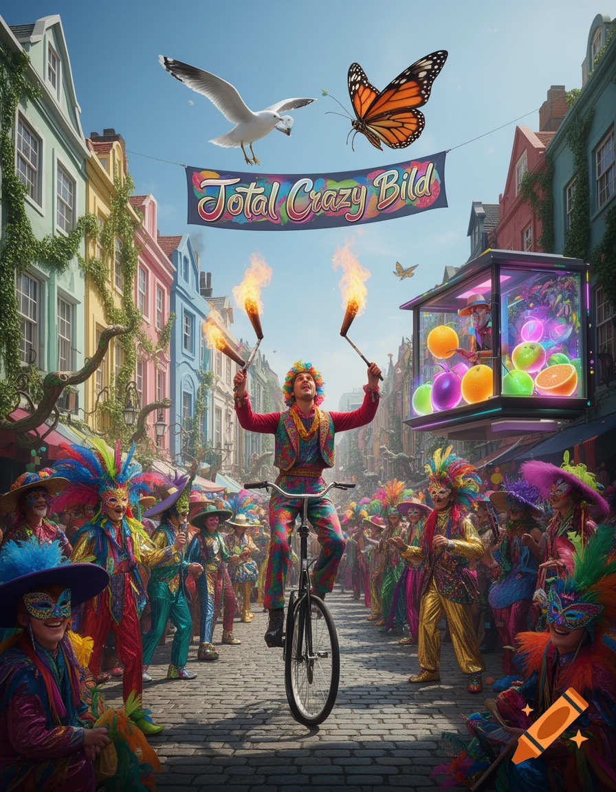 A clown on a unicycle juggles fire amidst a vibrant street carnival with costumed people, colorful buildings, and a banner reading 'Total Crazy Bild'.