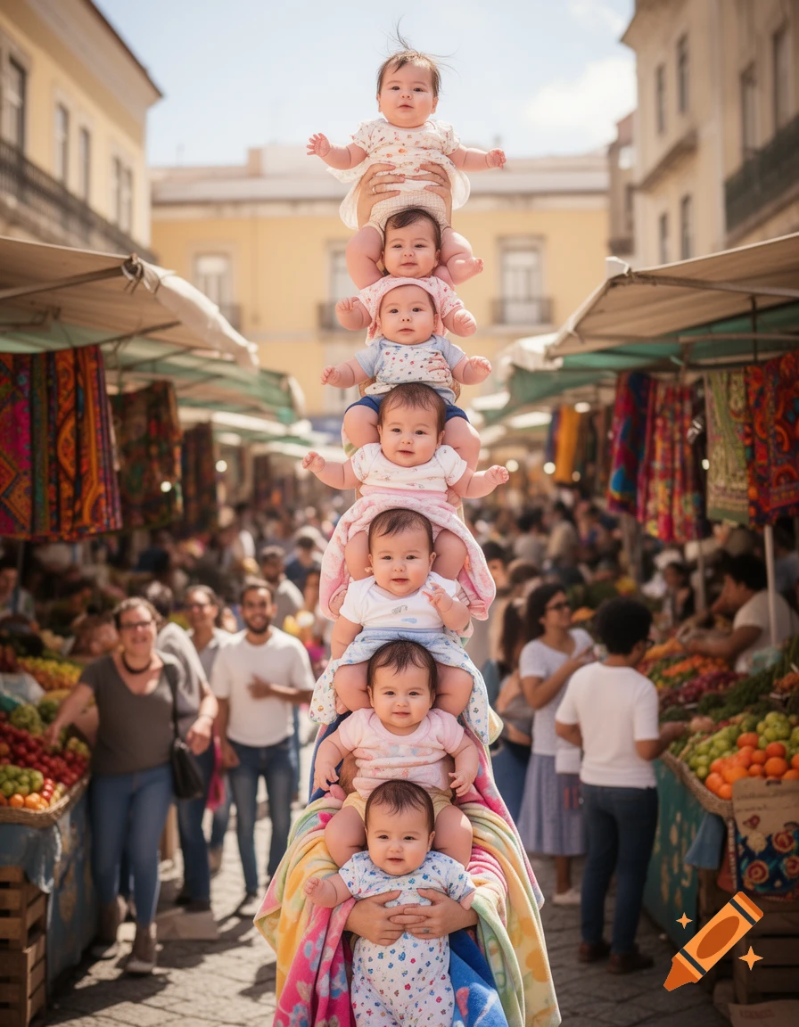 A tower of babies stacked on top of each other, carried through a bustling outdoor market filled with people and colorful stalls.