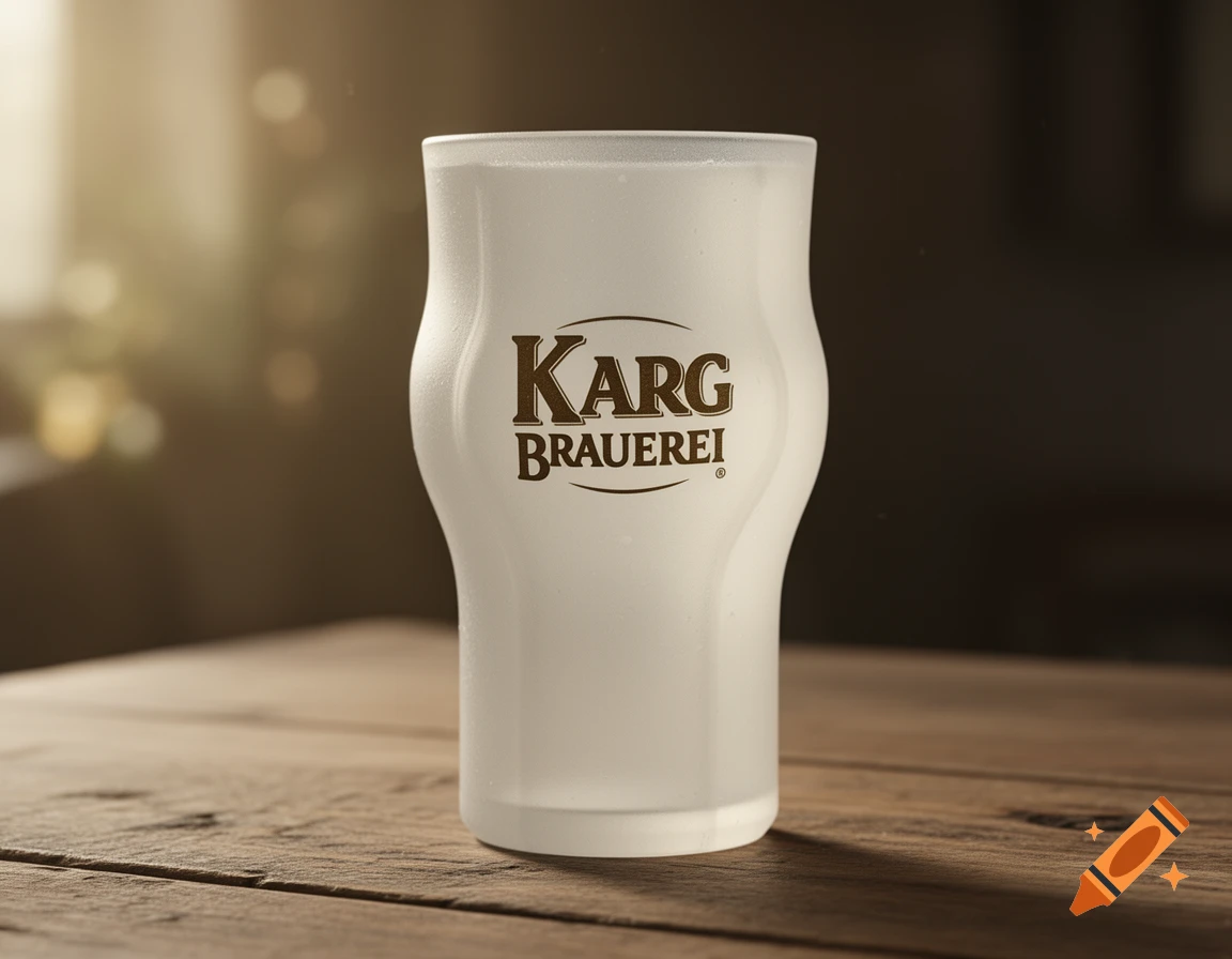 A photorealistic image of a frosted beer glass with the 'KARG BRAUEREI' logo, resting on a wooden table.