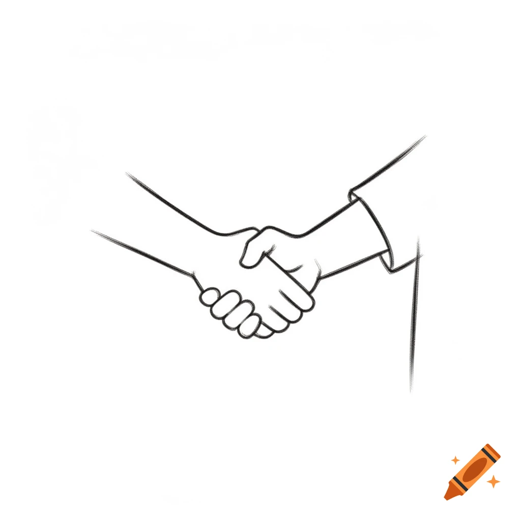 Simple black and white line drawing of two hands shaking in a handshake.