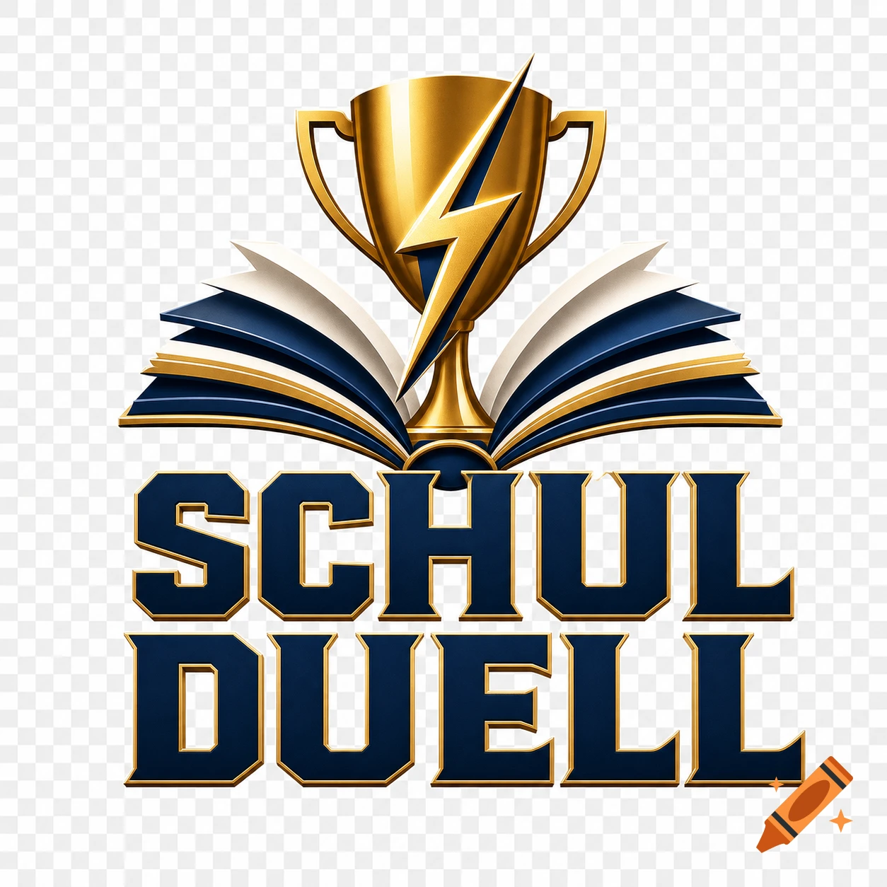 A modern logo featuring a golden trophy with a lightning bolt, an open book, and the text SCHUL DUELL in dark blue and gold.