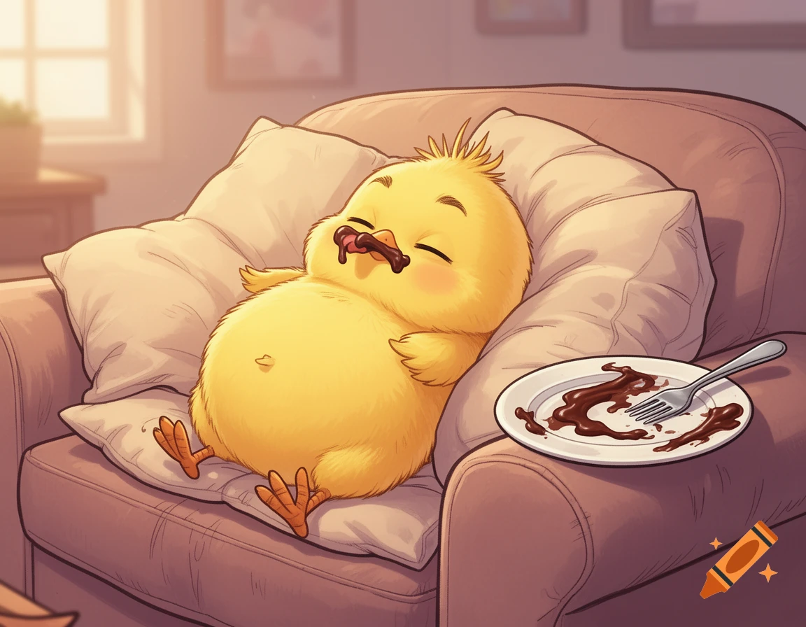 Comic-style illustration of a happy, plump yellow chick sleeping on a couch with chocolate on its beak and an empty plate nearby.