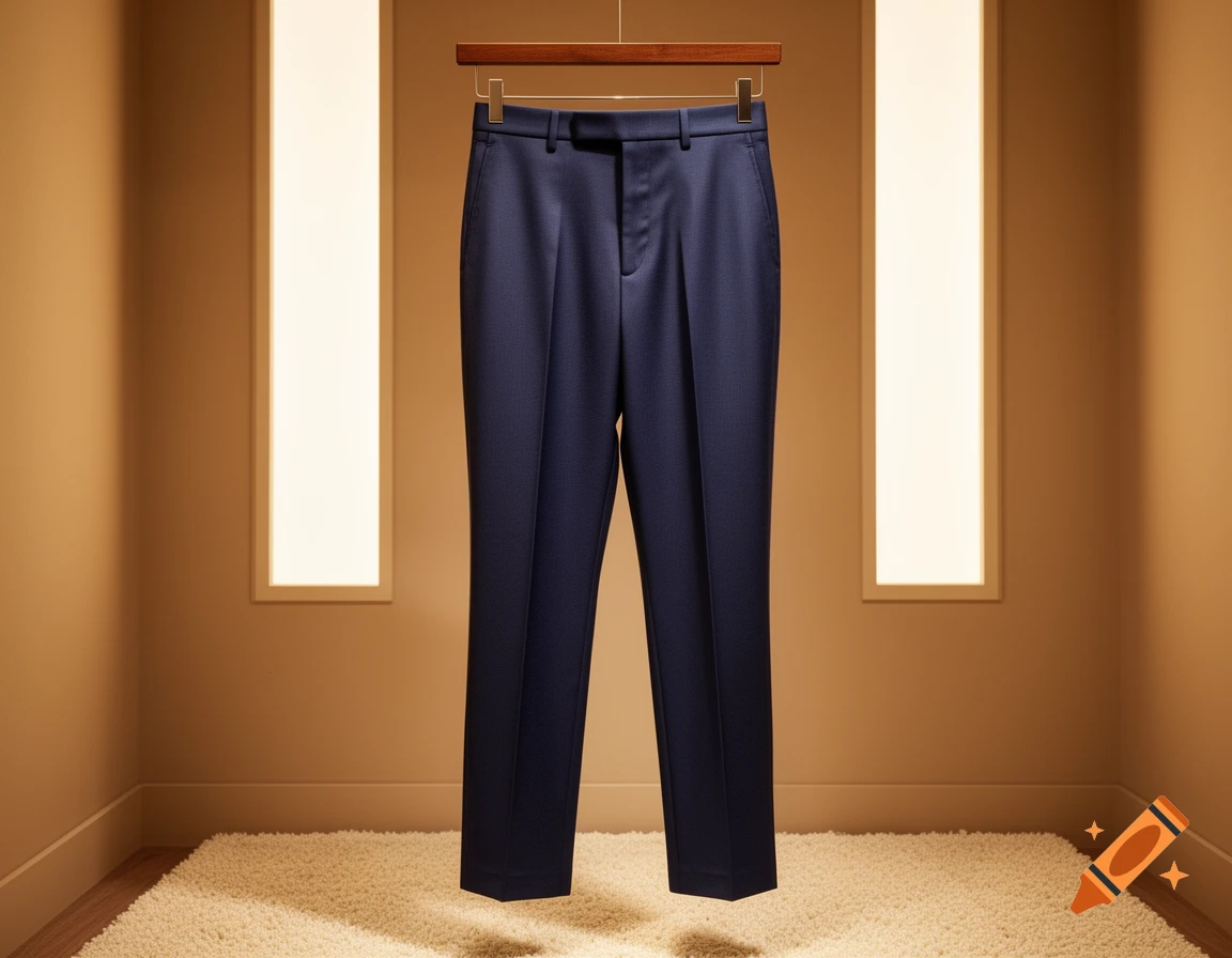 Dark blue dress pants hang on a wooden hanger in a minimalist room with light brown walls and a white textured rug.