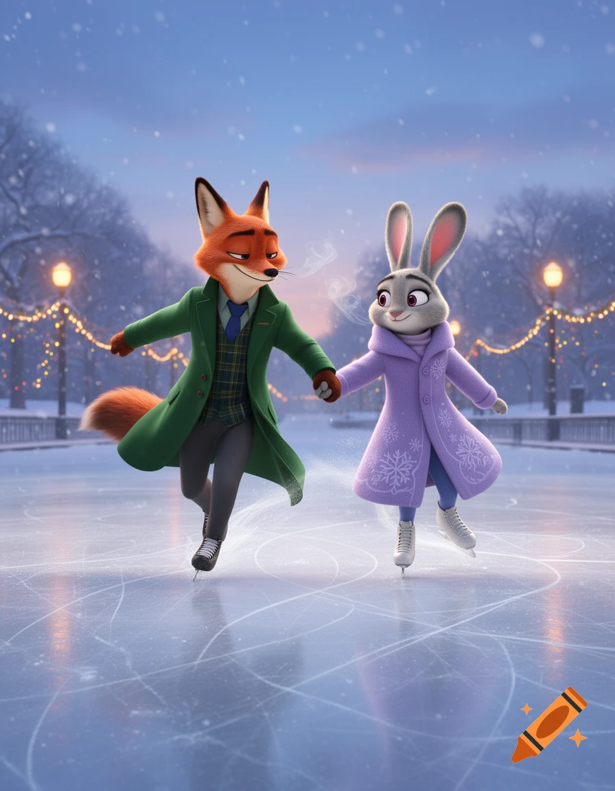 Nick Wilde and Judy Hopps from Zootopia ice skate hand-in-hand in a snowy, lamp-lit park during winter.