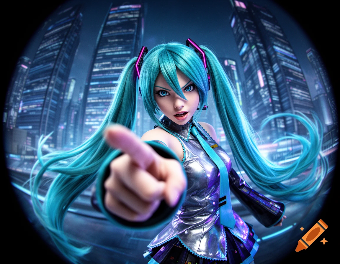 Hatsune Miku glares while pointing directly at the viewer, framed by a fisheye lens view of a futuristic cyberpunk city.