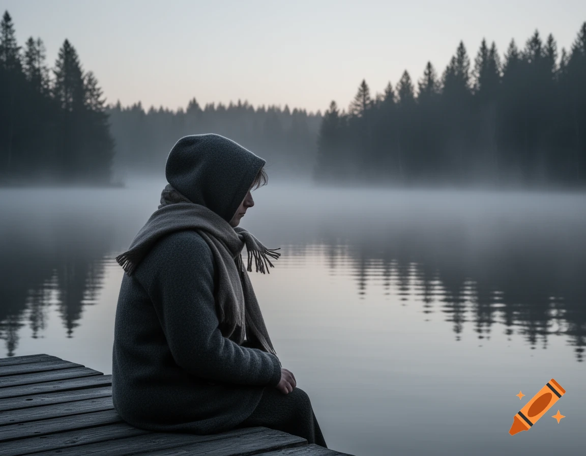 A person in a hooded coat and scarf sits on a wooden dock, gazing at a misty lake surrounded by evergreen trees at dawn.