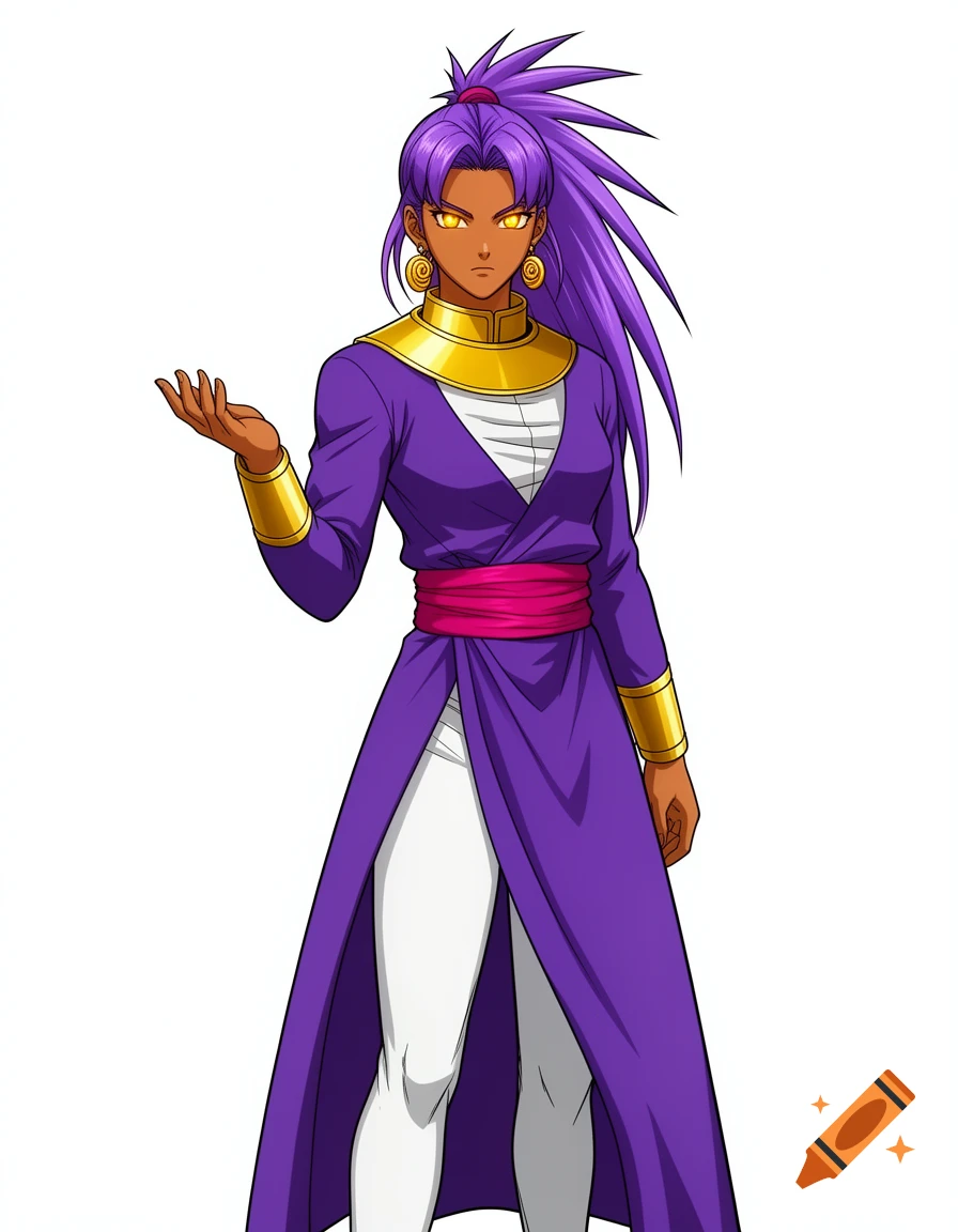A cel-shaded anime woman with tan skin, purple spiky hair, and glowing gold eyes, wearing a regal purple robe with gold trim and a magenta sash, stands with one hand up against a white background.