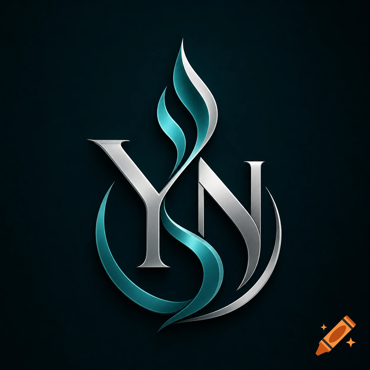 A stylized metallic silver 'YN' logo with flowing blue and silver ribbon elements against a dark background.