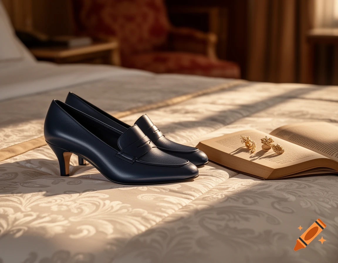 Dark blue loafer-style heels and gold earrings on an open book, on a bed in a hotel room during golden hour.