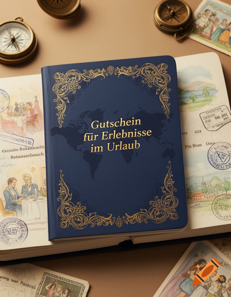 A blue book with gold decorative text "Gutschein für Erlebnisse im Urlaub" and a world map, surrounded by compasses and illustrated travel-themed pages.