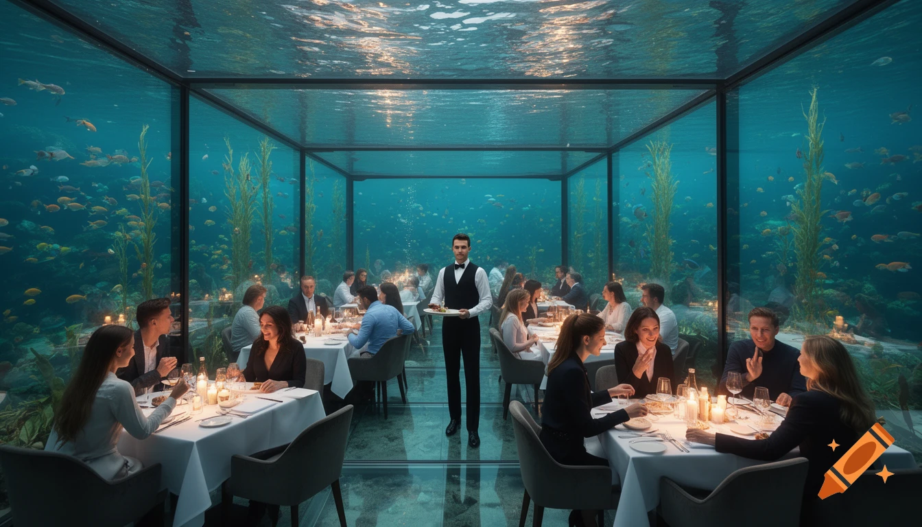 Luxurious underwater restaurant with clear walls, showing fish and kelp. Diners sit at tables as a waiter serves food. Photorealistic.