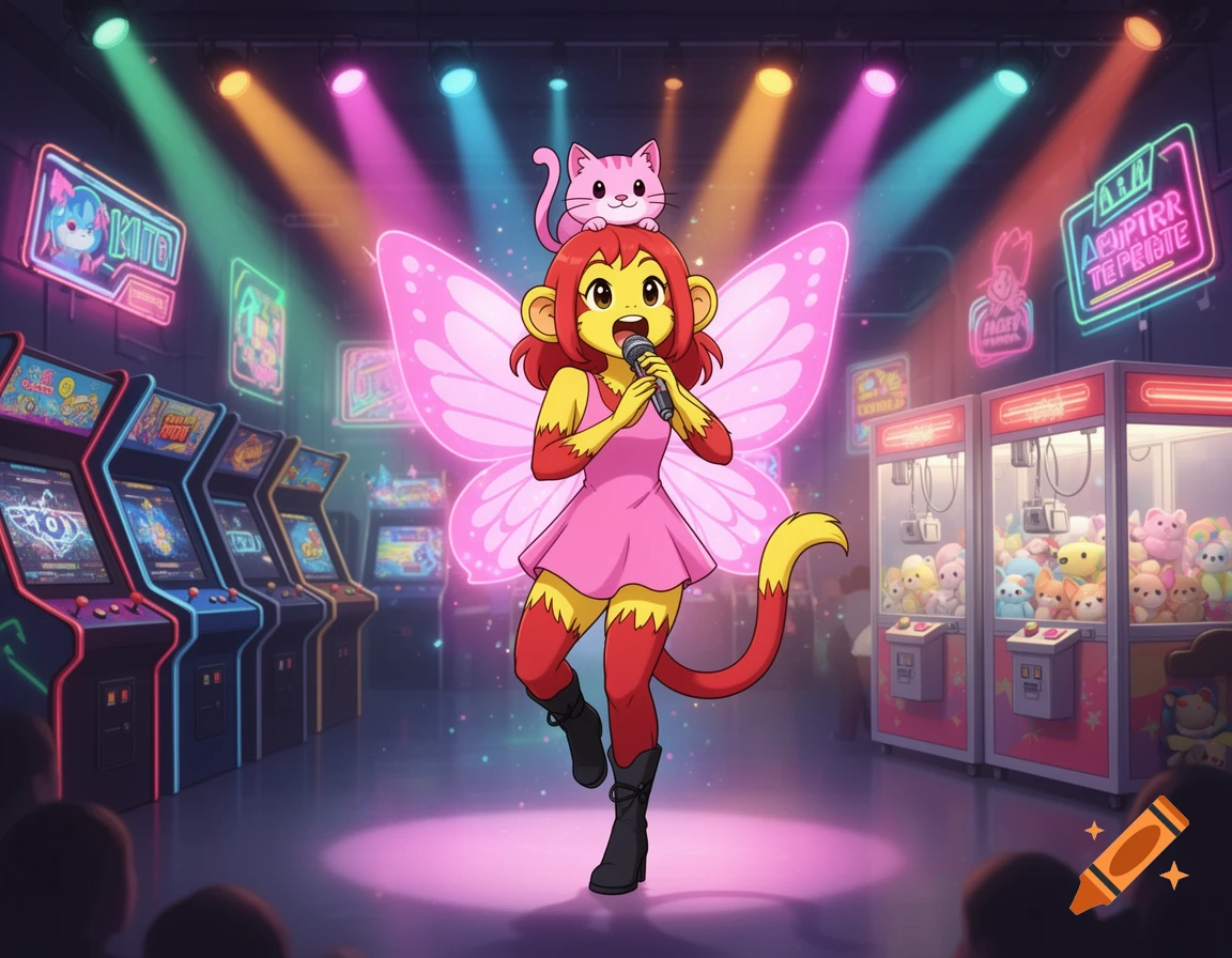 Anime monkey-girl with pink butterfly wings sings on stage with a pink cat on her head, in a brightly lit retro arcade with neon signs and game cabinets.