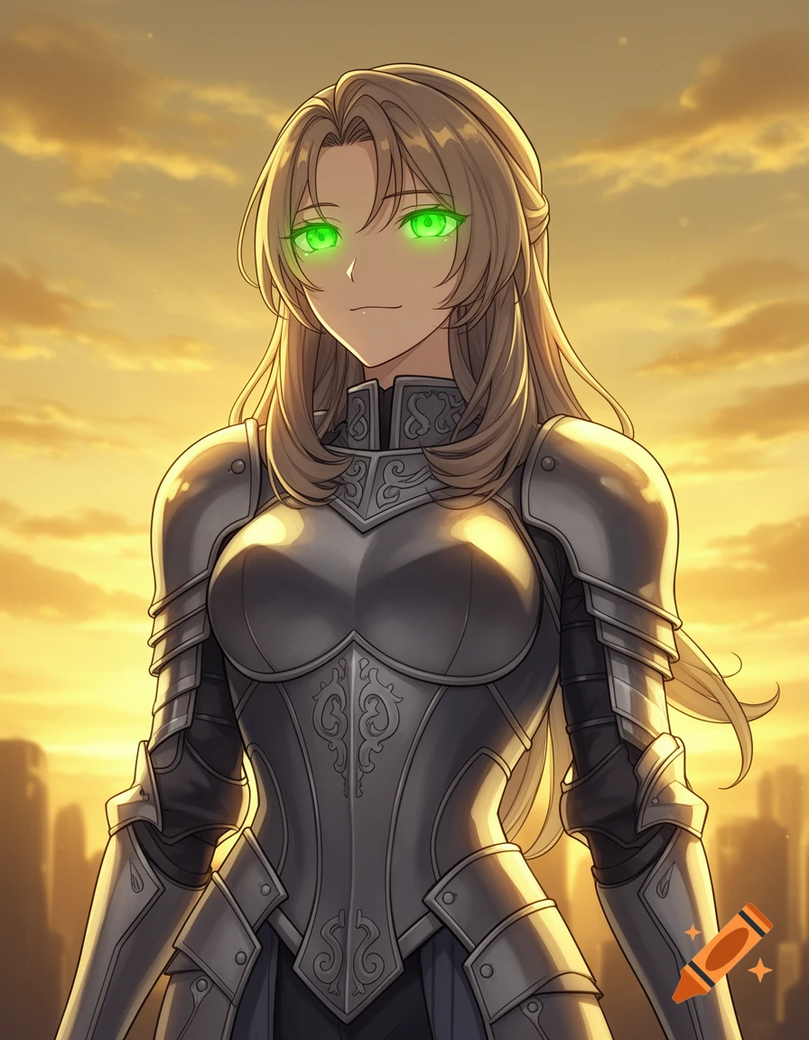 Anime woman with long blonde hair and glowing green eyes in elegant silver armor against a golden sky and city skyline.