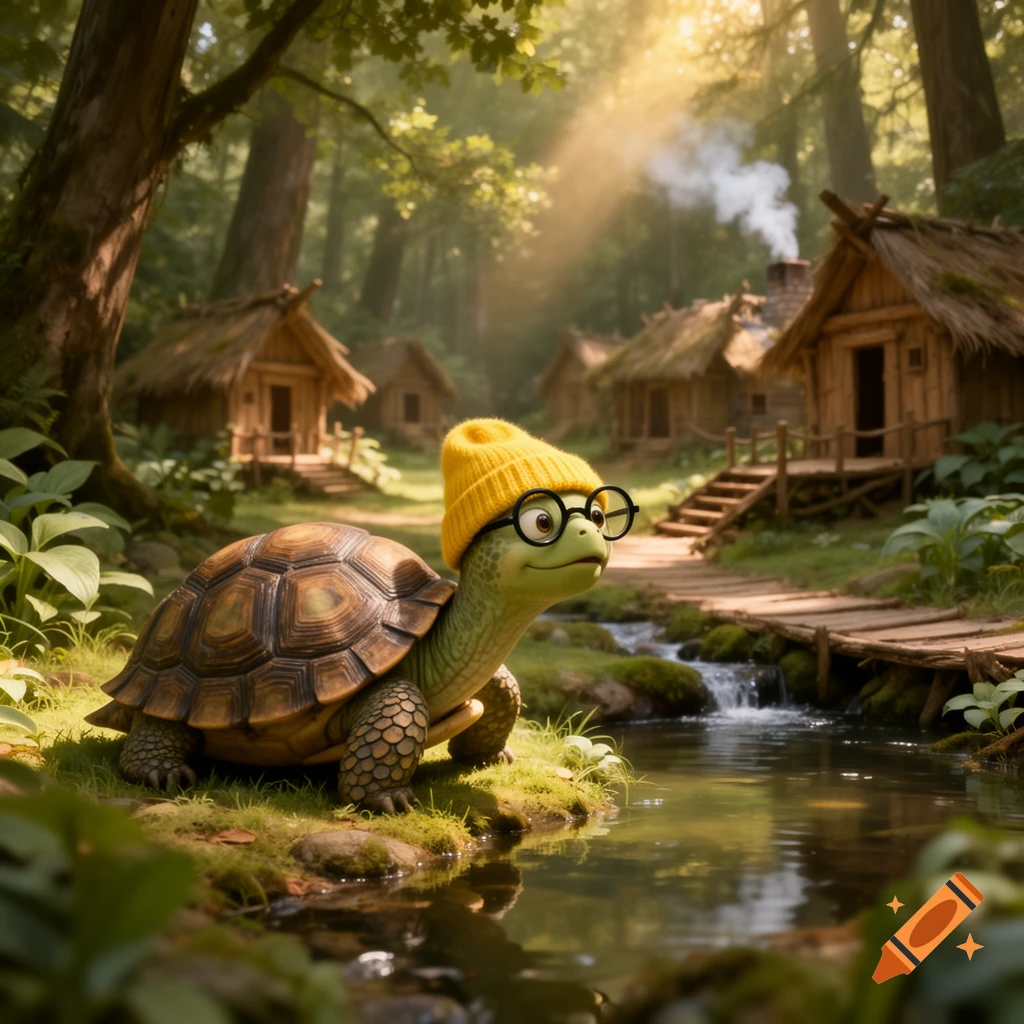 A wise-looking cartoon turtle wearing a yellow beanie and black round glasses sits by a stream in a sunny forest village.