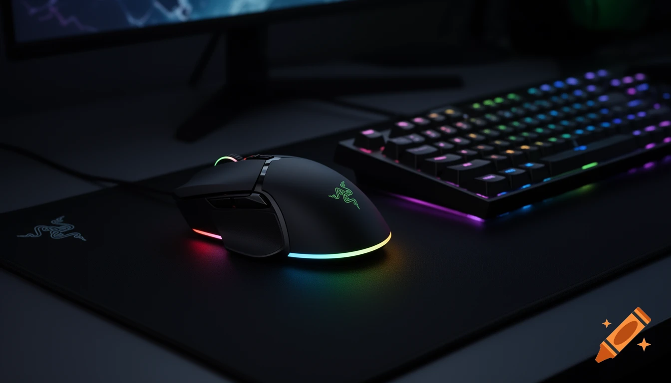 A black Razer gaming mouse and a keyboard with colorful RGB lighting on a dark desk with a Razer mousepad.
