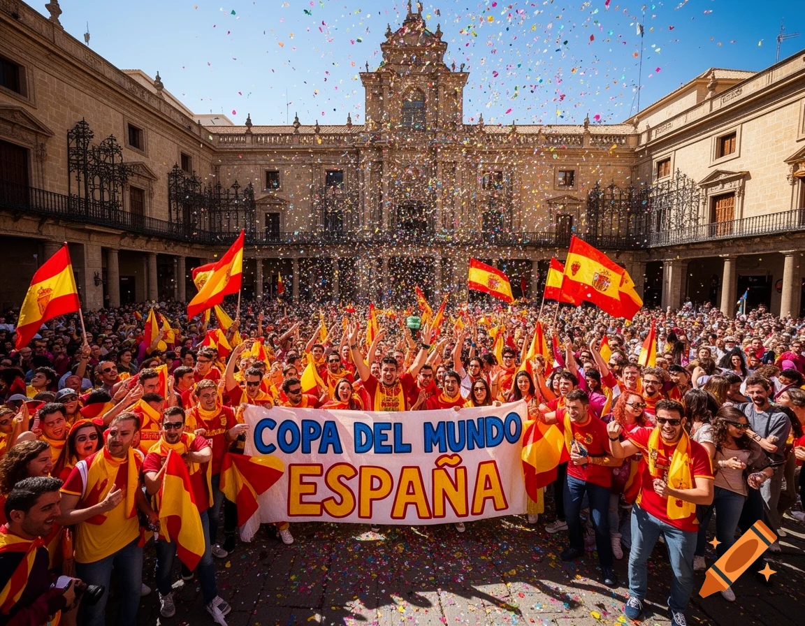 A large, jubilant crowd celebrates in a city square, holding Spanish flags and a banner reading 'Copa del Mundo Espa 03 a' under falling confetti.