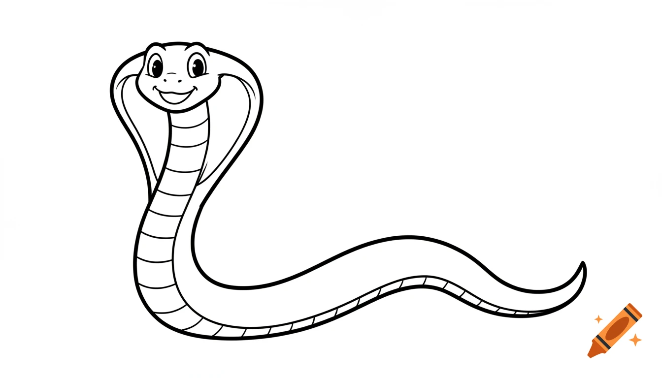 Black and white line art cartoon of a friendly cobra with a hood and a smile, designed as a coloring page.
