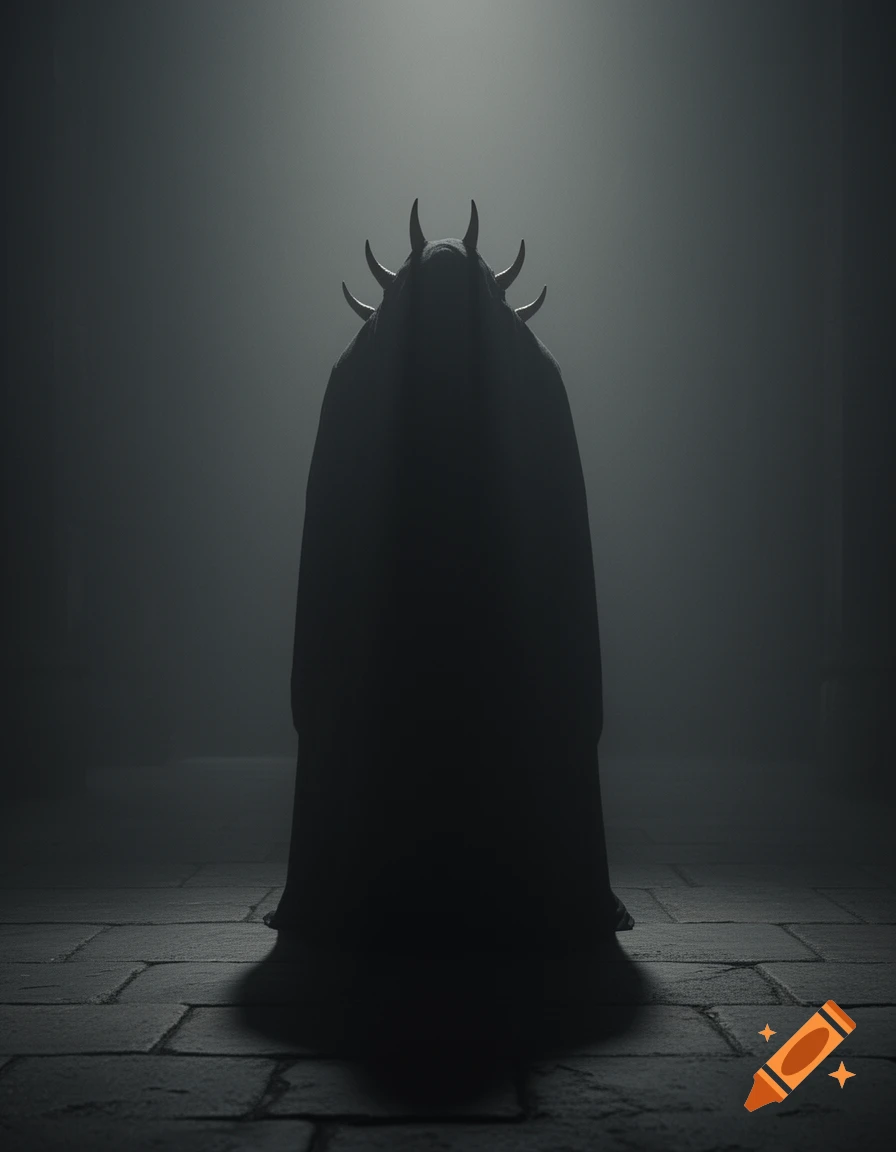 A dark, hooded figure with several horns on its head stands in a misty, dimly lit stone room, shrouded in shadow.