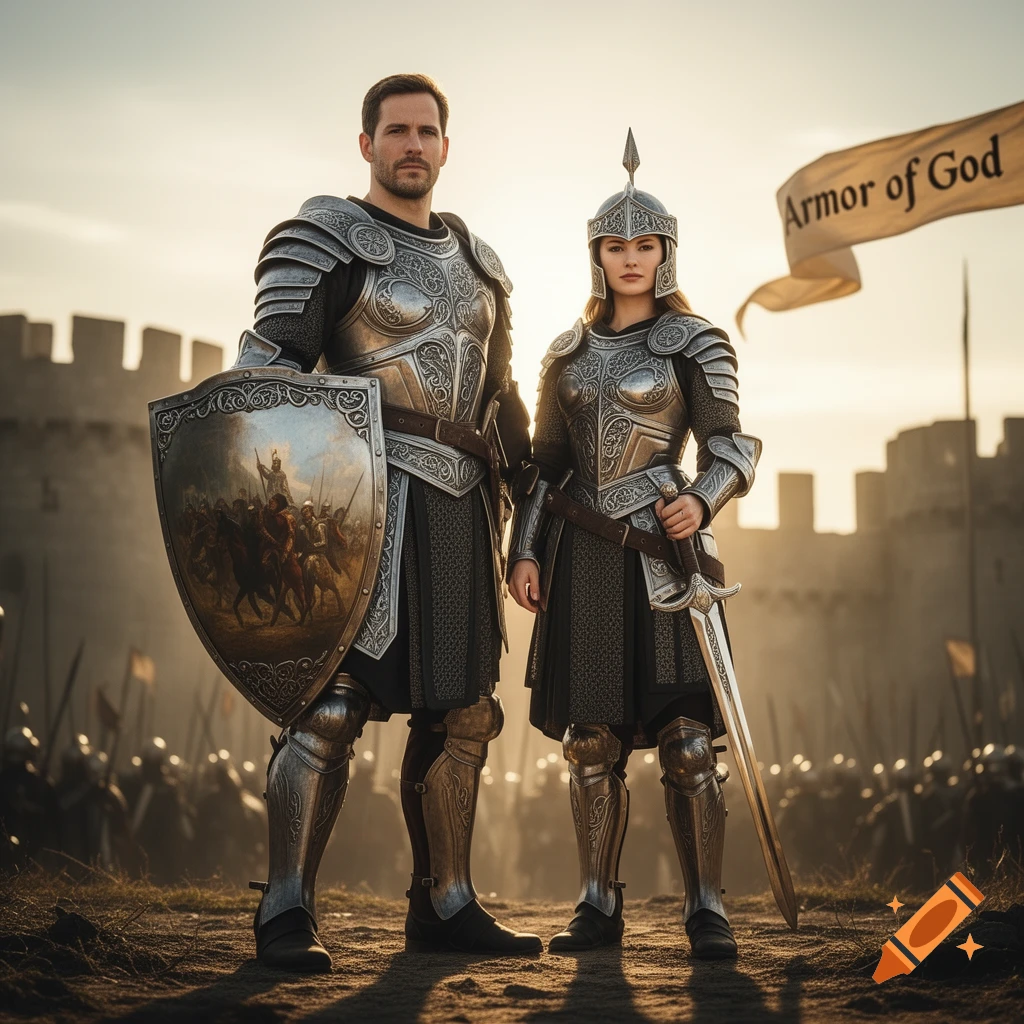 A man and woman in ornate silver armor stand before a castle, an army, and a banner reading 'Armor of God' in a dramatic, photorealistic style.
