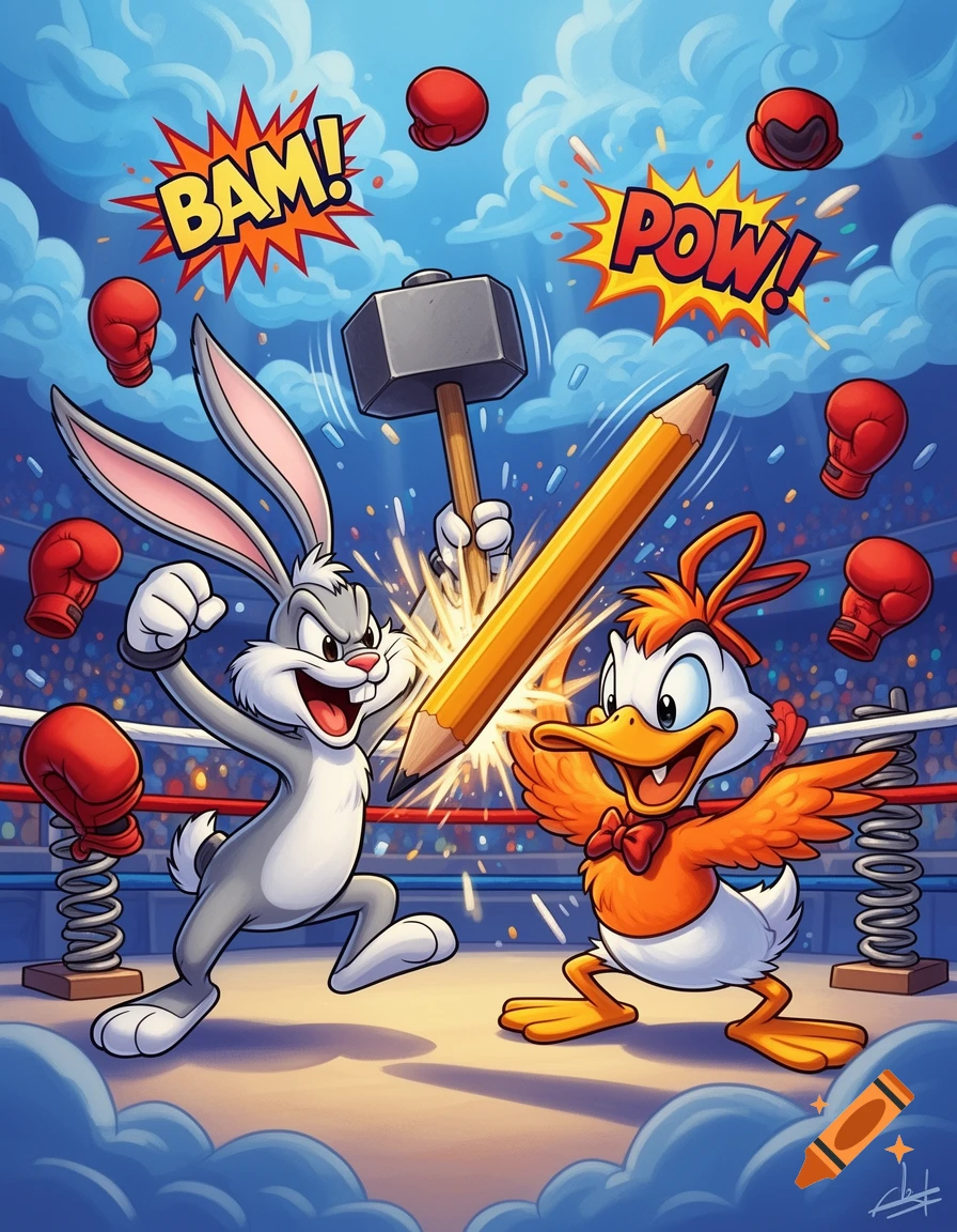 Vibrant cartoon of a rabbit and a duck fighting with a hammer and pencil in a boxing ring, with 'BAM!' and 'POW!' effects.