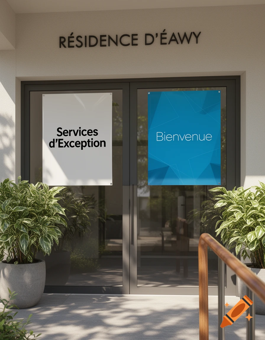 Photorealistic image of a modern building entrance with "RÉSIDENCE D'ÉAWY" above the door, two signs, and potted plants.