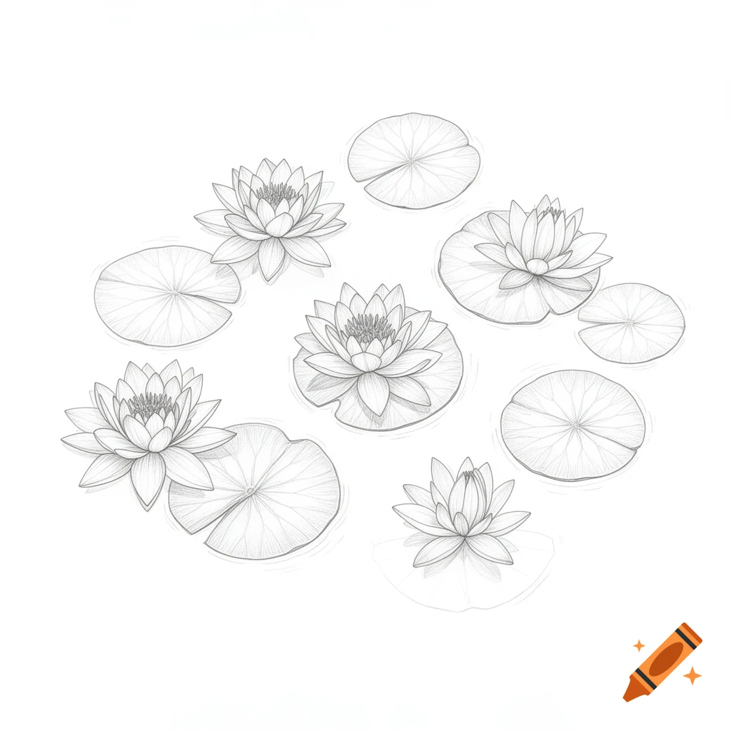 Minimalist grey line drawing of water lilies and pads on a white background, seen from above.