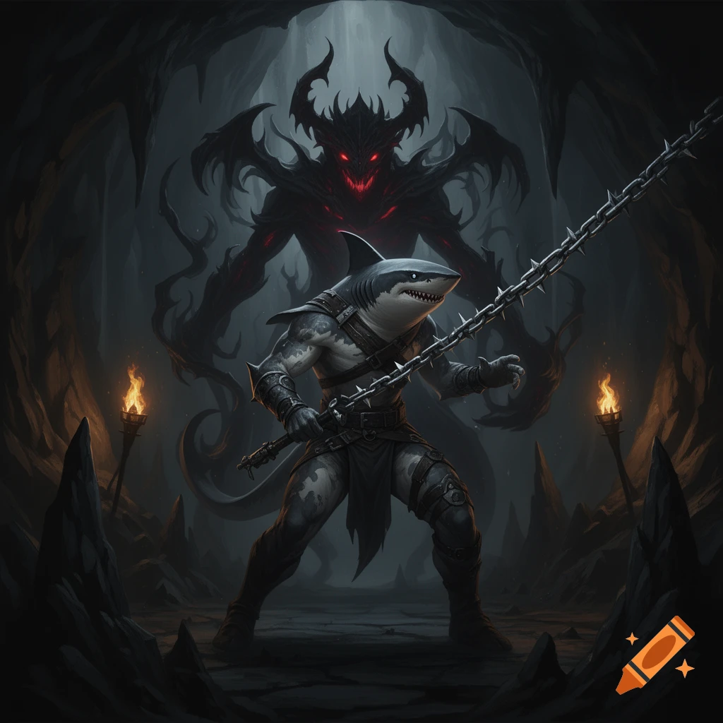 A humanoid shark warrior holding a spiked chain stands in a dark cave, a red-eyed demonic shadow looming in the background.