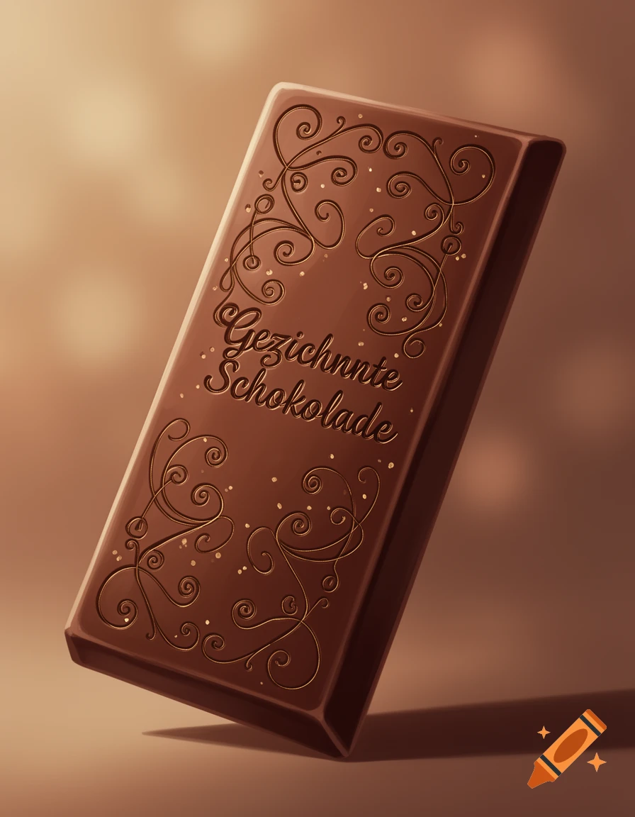 An illustration of a brown chocolate bar with embossed text 'Gezeichnete Schokolade' and ornate golden swirls.