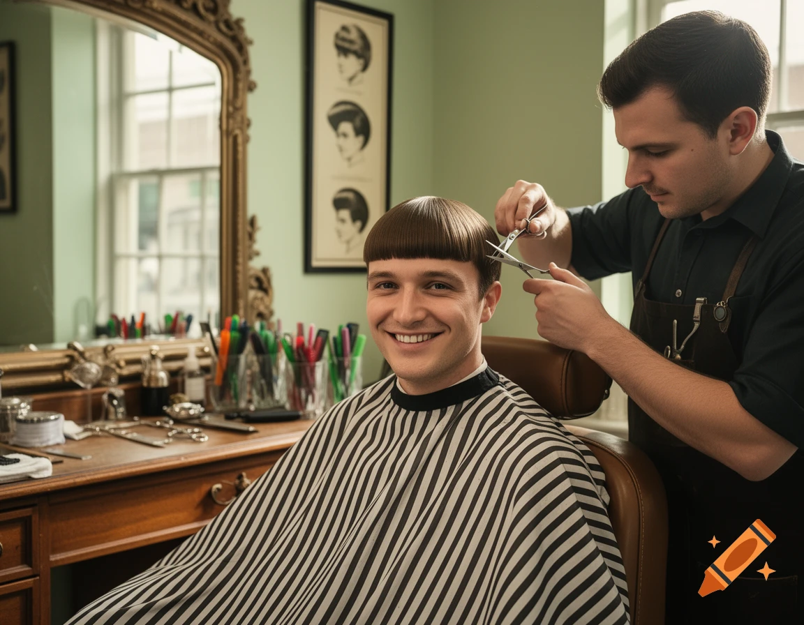 A smiling man in a barbershop gets his bowl cut trimmed by a barber. Photorealistic.