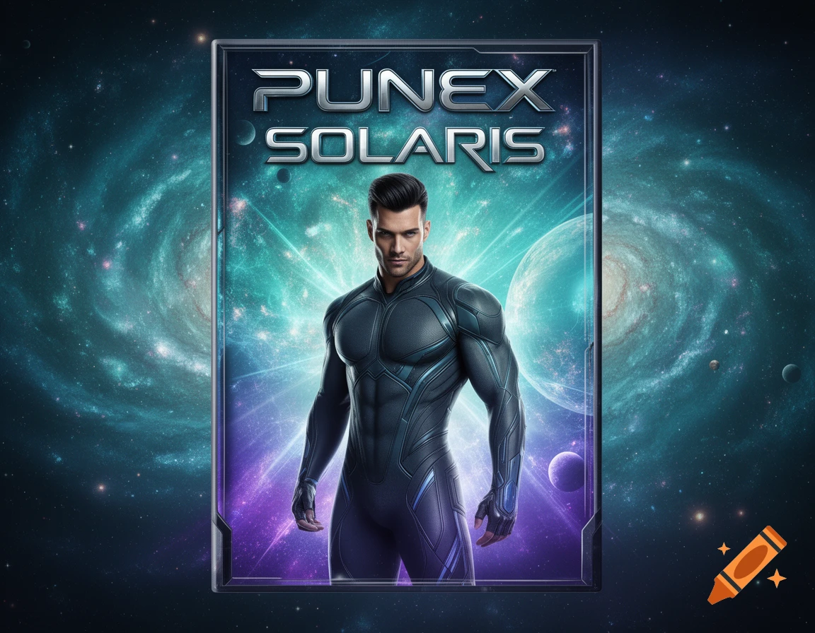 A man in a futuristic black suit stands on a video game cover titled 'PUNEX SOLARIS' against a cosmic background with galaxies and planets.