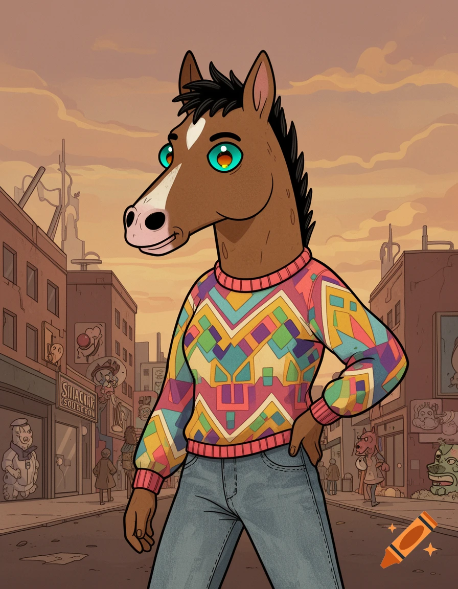 Bojack Horseman-style cartoon horse wearing a colorful sweater and jeans stands on a city street at sunset.