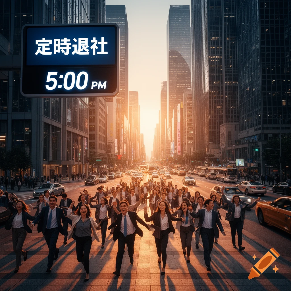 A large group of smiling business people run happily down a busy city street at sunset, with a digital sign showing '定時退社 5:00 PM'.