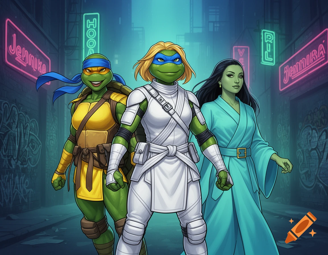 Three female characters, two anthropomorphic turtles with blonde and blue hair and one human with dark hair, stand in a neon-lit alleyway with graffiti-covered walls.