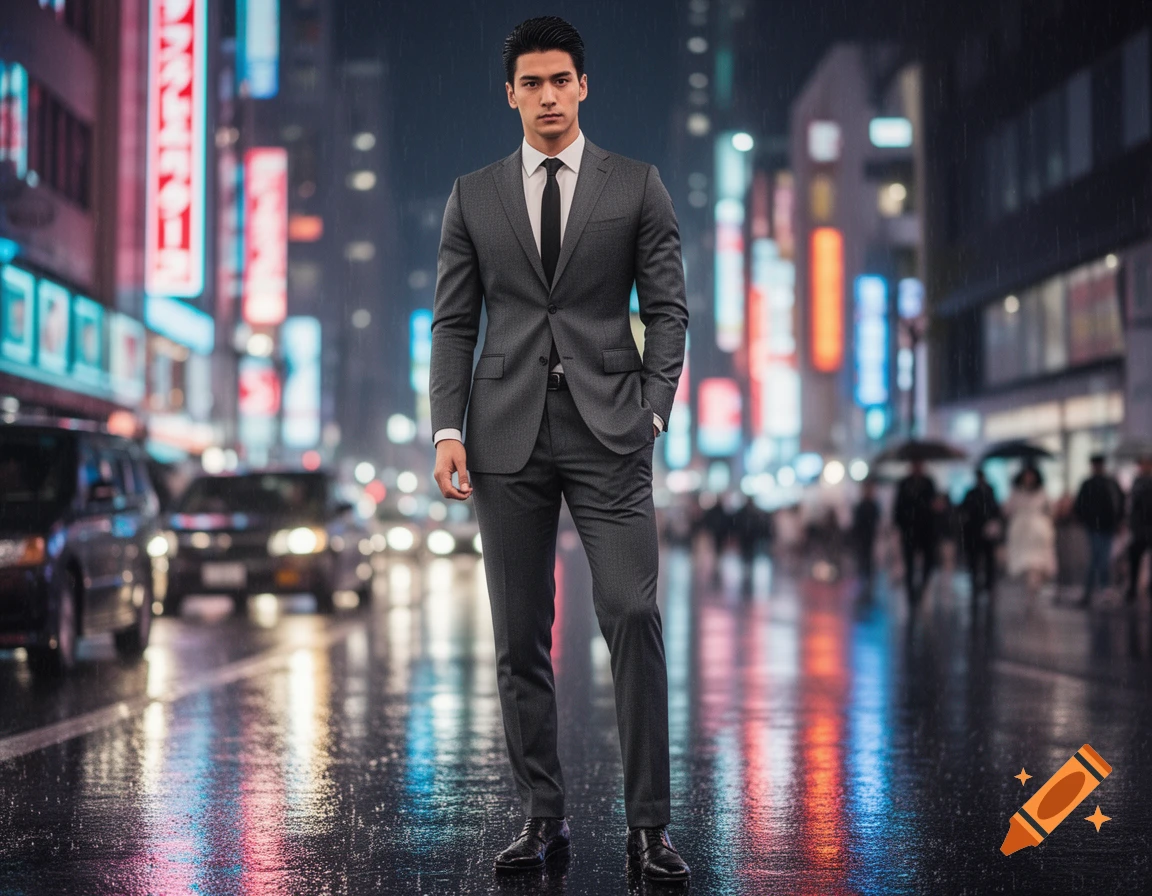 A man in a dark grey suit stands confidently on a wet city street at night, with blurred neon lights reflecting on the pavement.