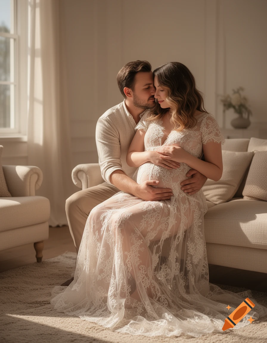 A man embraces a pregnant woman in a white lace dress, both looking at her belly in a sunlit room, photorealistic.