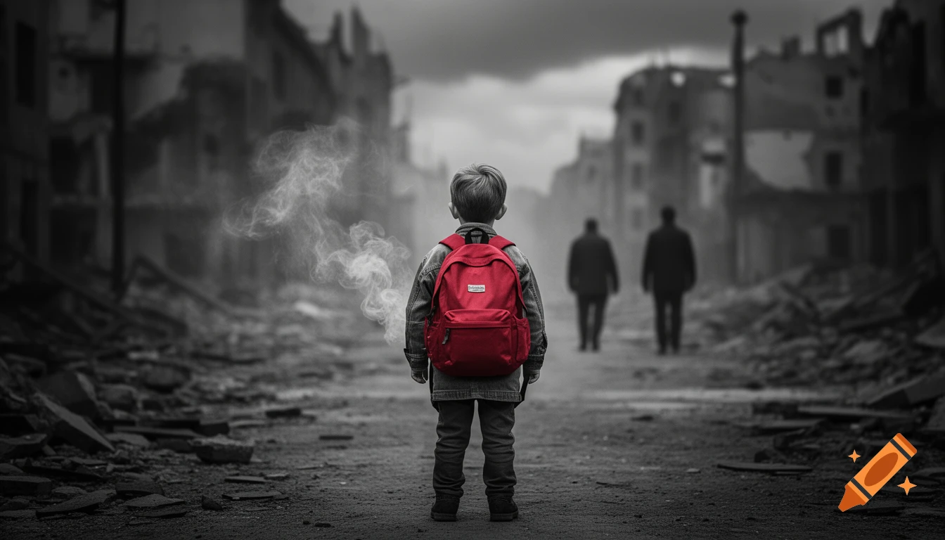 Photorealistic image of a small child with a bright red backpack, seen from behind, standing in a desolate, ruined grayscale city street with smoke and blurred adults in the distance.