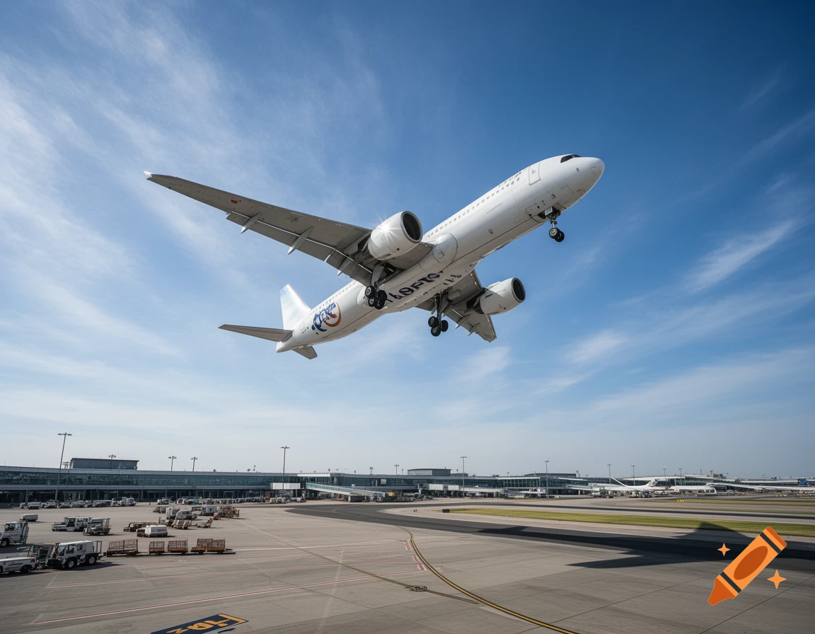 A white passenger airplane with visible landing gear takes off from an airport runway under a bright blue sky.
