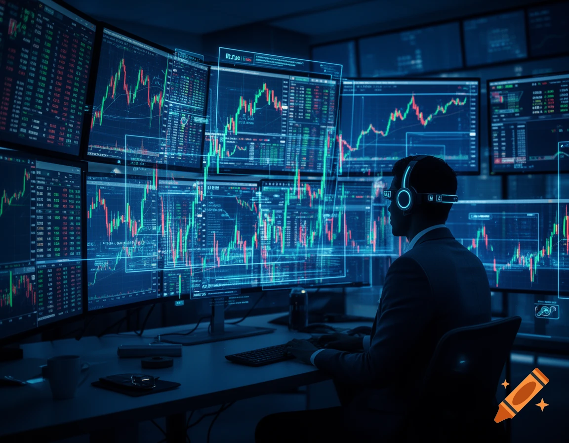 A person in a suit with glowing headphones watches multiple financial charts on computer monitors in a dark, high-tech room.