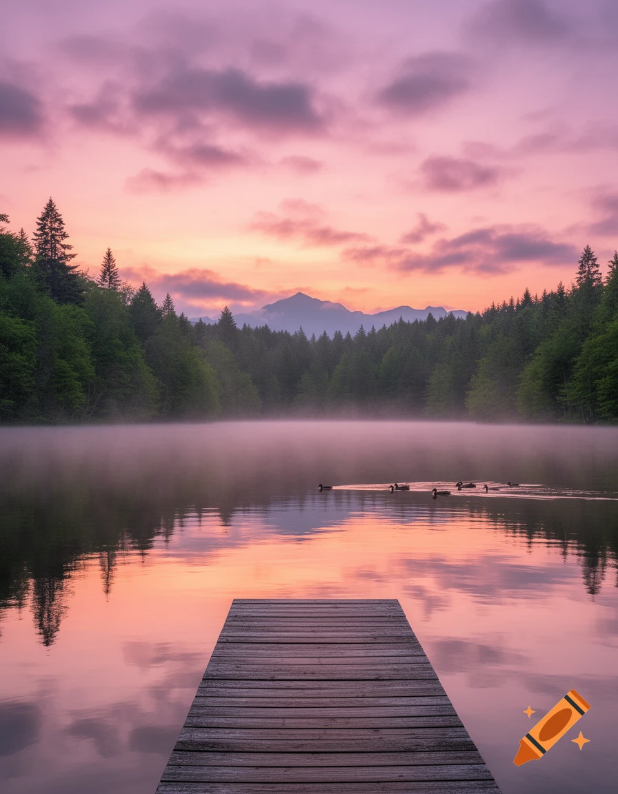 A wooden dock extends into a misty lake reflecting a pink and purple sunrise sky, flanked by a forest and mountains with ducks swimming.