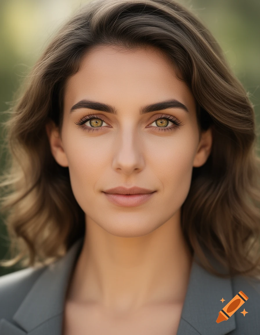Close-up photorealistic portrait of a woman with hazel eyes and brown wavy hair, wearing a gray jacket.